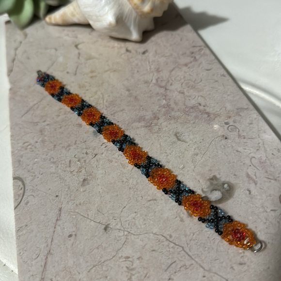 Handmade Beaded Bracelet-Seed Beads-Hook Closure-Orange/Black/Blue/Red - Picture 5 of 11